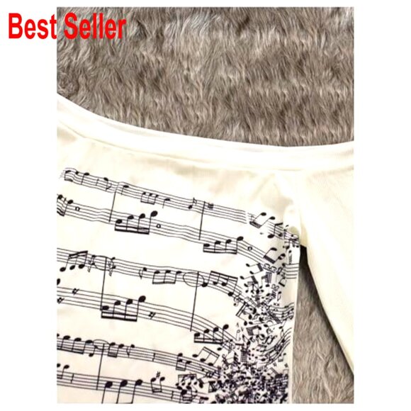 Y2K Graphic Tee Off Shoulder Long Sleeve Ribbed Knit T-Shirt Aesthetic Going - Picture 3 of 4